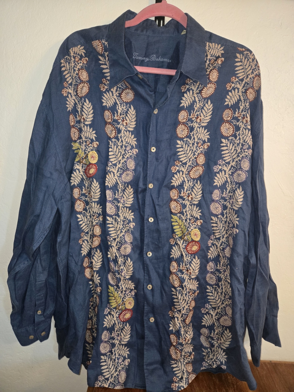 Tommy Bahama Blue Embroidered Linen Button-Up Shirt Jacket